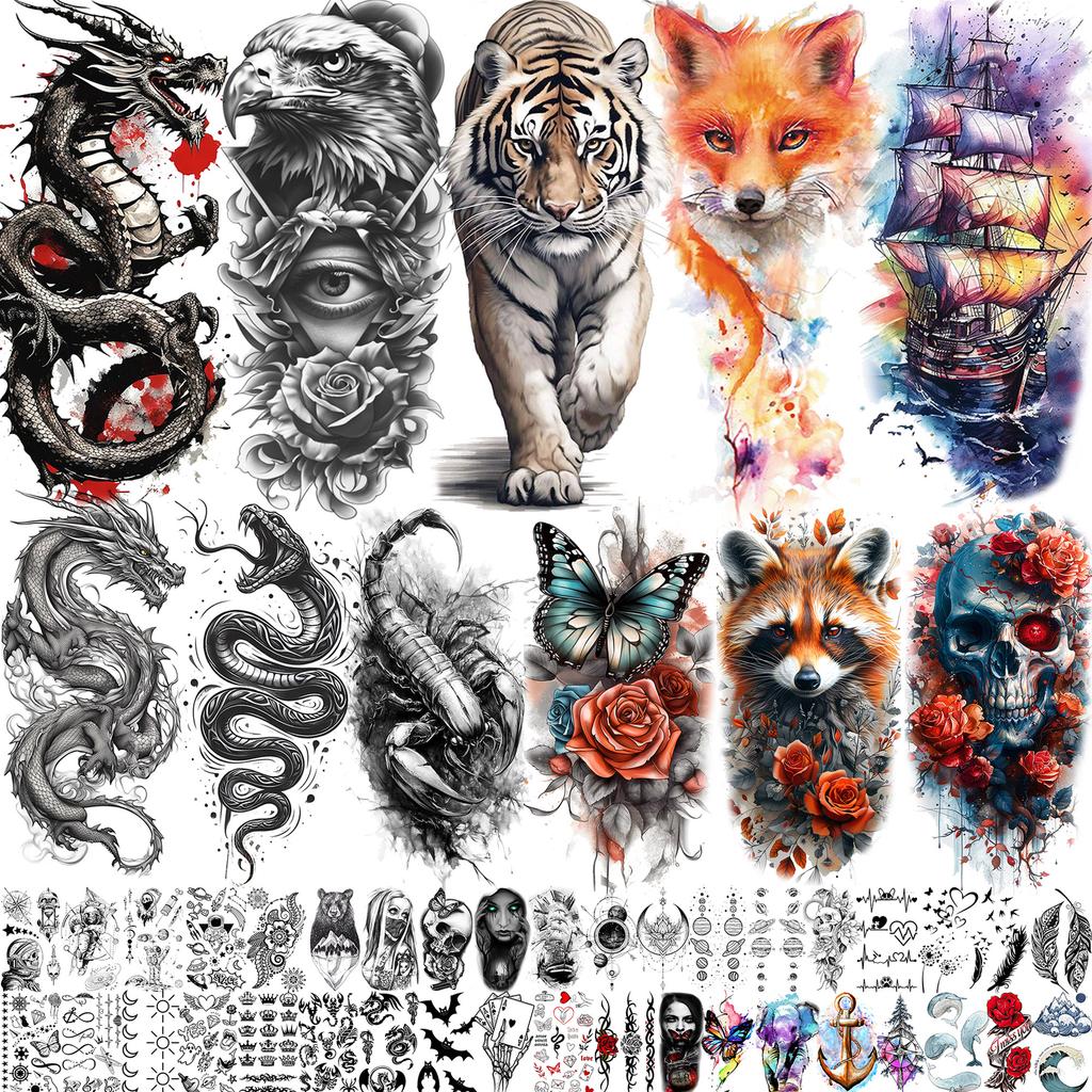 70 Fogli Tigre Aquila Drago Animali Tatuaggi Temporanei Per Uomo Donna Impermeabile Realistico 3D Serpente Scorpione Tatuaggio Falso Adesivo