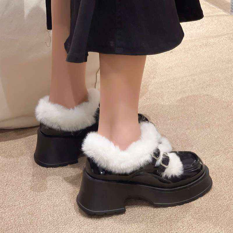 Black small leather shoes's winter velvet warm high heel Mary Jane shoes thick heel platform loafers fluffy shoes