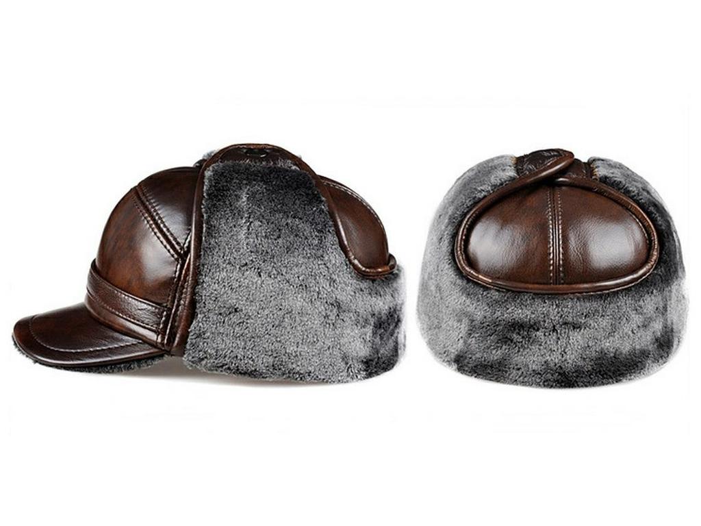 Ανδρικό Χειμερινό Καπέλο από Γνήσιο Δέρμα με Προστασία για τα Αυτιά και Βελούδινη Επένδυση για Ηλικιωμένους