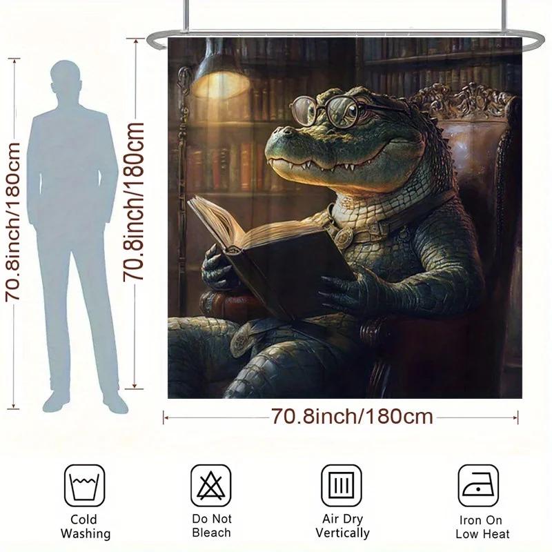Viktoriansk Alligator Läser Duschdraperi - Lärd Fantasi, Gröna Glasögon & Böcker, Polyester, 180x180 cm, Lättskött