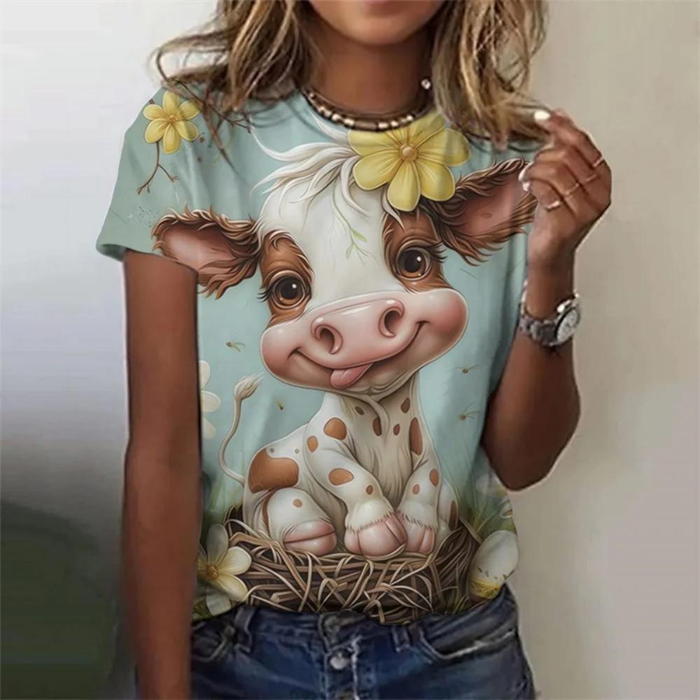 Girl Clothing Cute Animal Cow Pattern Tops Girls  Summer Clothes Short Sleeve T-Shirt Cute Outdoor Streetwear T-Shirt S