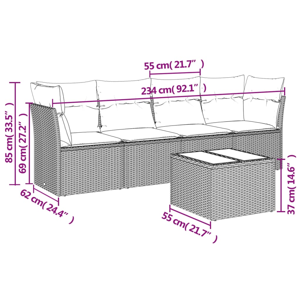 Vidaxl 5-Cz. Garden Furniture Set With Cushions, Brown, Poly Rattan
