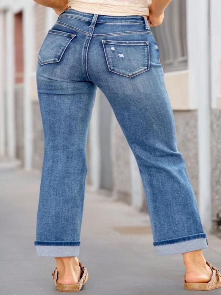 Plus Size Women's Mid-Waist Ripped Stretch Straight-Leg Jeans - Comfortable Denim Long Pants
