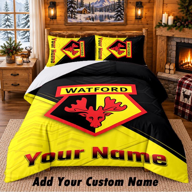 Watford FC Pattern Bedding 3Pcs Set Custom Name, Bed Sheet And Pillowcases For Home Bedroom