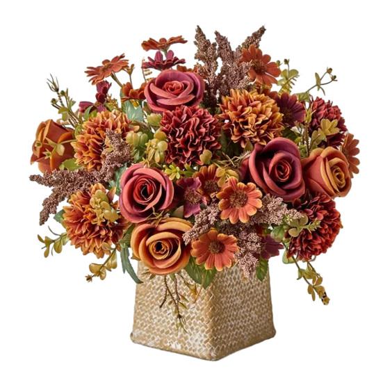 Artificial Rose Flower Bouquet Realistic Mixed Faux Rose Dahlia Chrysanthemum Ball Flower for Wedding Bridal Bouquets Table Centerpieces Baby Shower