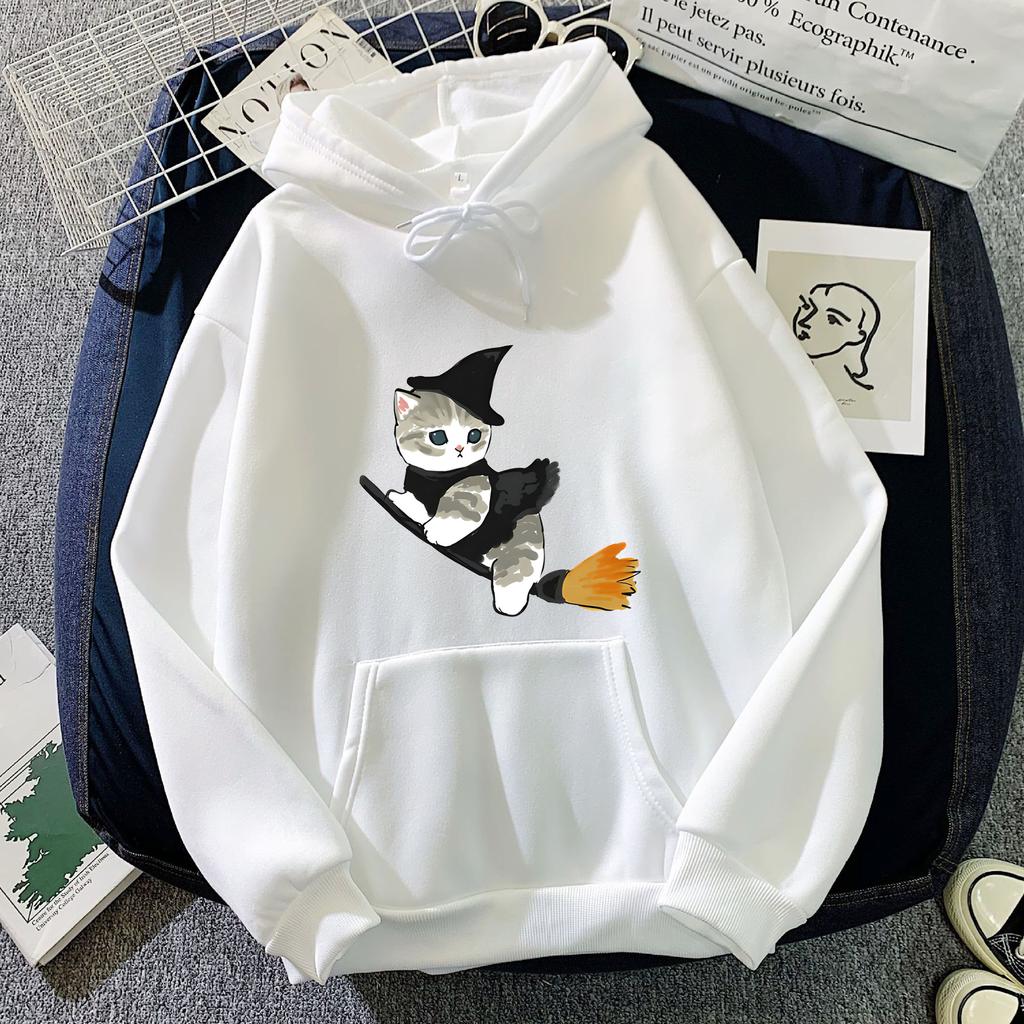 European and American Autumn and Winter Witch Cat Print Hoodie Sweatshirt for Men and Women, Korean Style Casual Tops for Couples