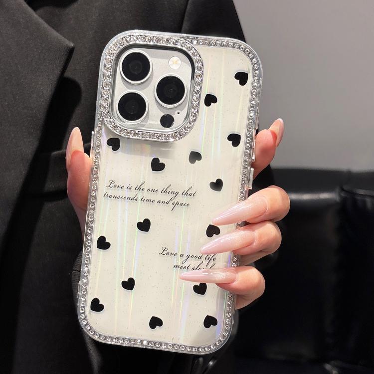 Double-sided Diamond Aurora Black Hearts Shockproof PC TPU Protective Phone Case For iPhone 16 Pro