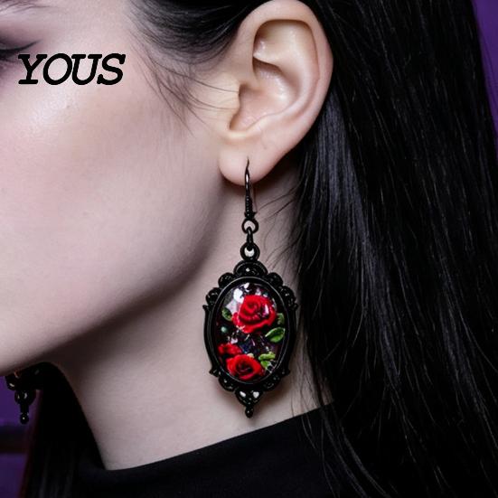 Gothic Earrings for Women 1 Pair Halloween Flower Earrings, Matte Black Oval Alloy Vintage Dangle Lightweight Stained Glass Rose Patterns Jewelry