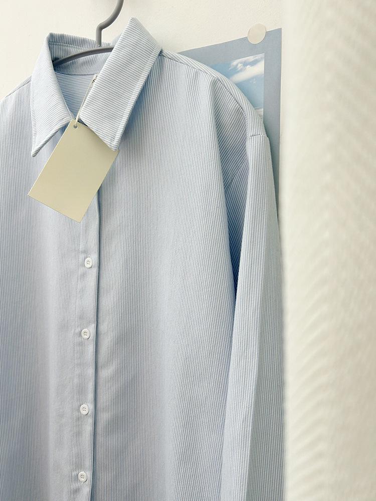Women's 2025 Loose-Fit Long Sleeve Blue Cotton Striped Shirt