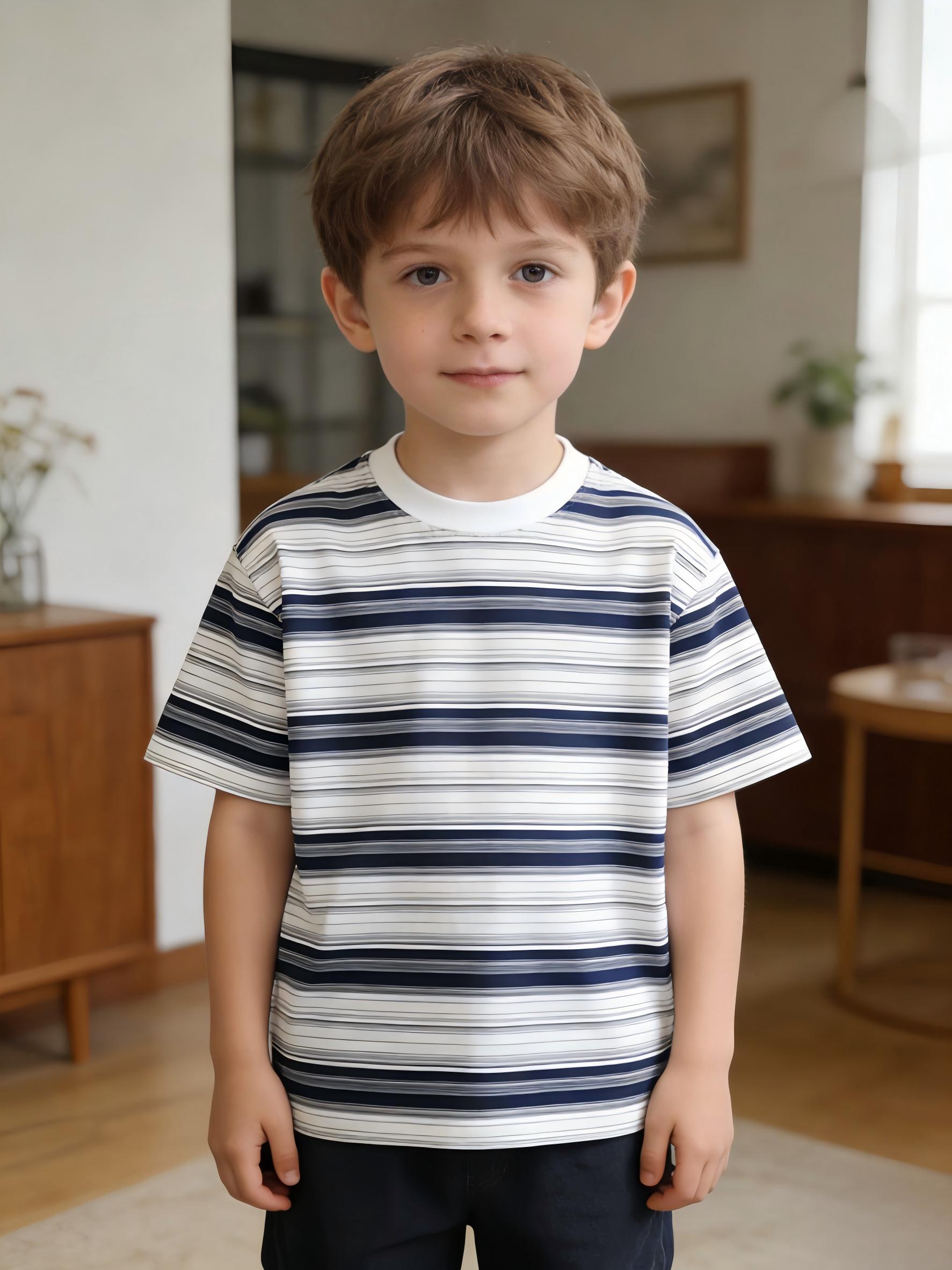 Fashionable new round neck T-shirt for boys and girls. Striped short-sleeved round neck T-shirt, the fabric absorbs sweat and is not stuffy. 100