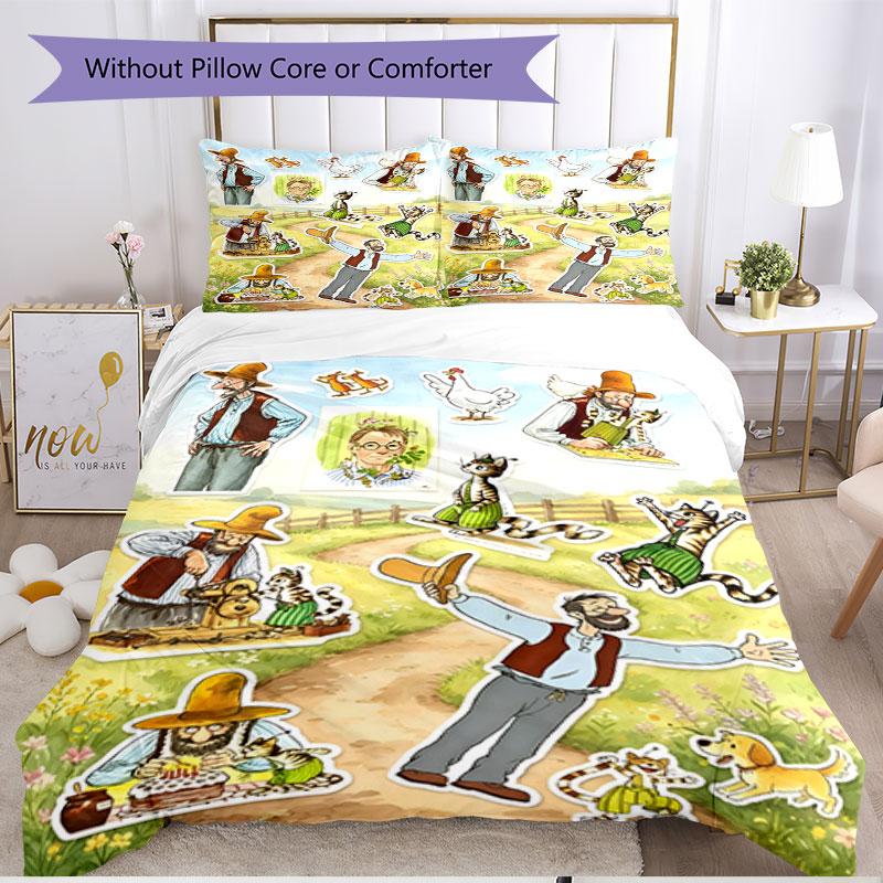 3pcs Duvet Cover Set (1*Duvet Cover + 2*Pillowcase, Without Core), Pettersson und Findus Print Soft All‑Season Bedding Set, Home Bedroom Decor Gift