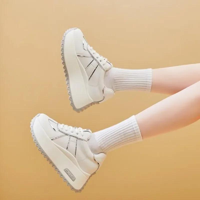 Fashion Top Quality 7CM 8.5CM Genuine Leather Spring Autumn Chunky Sneakers Breathable Casual Platform Wedge Flats Women Vulcanize Shoes