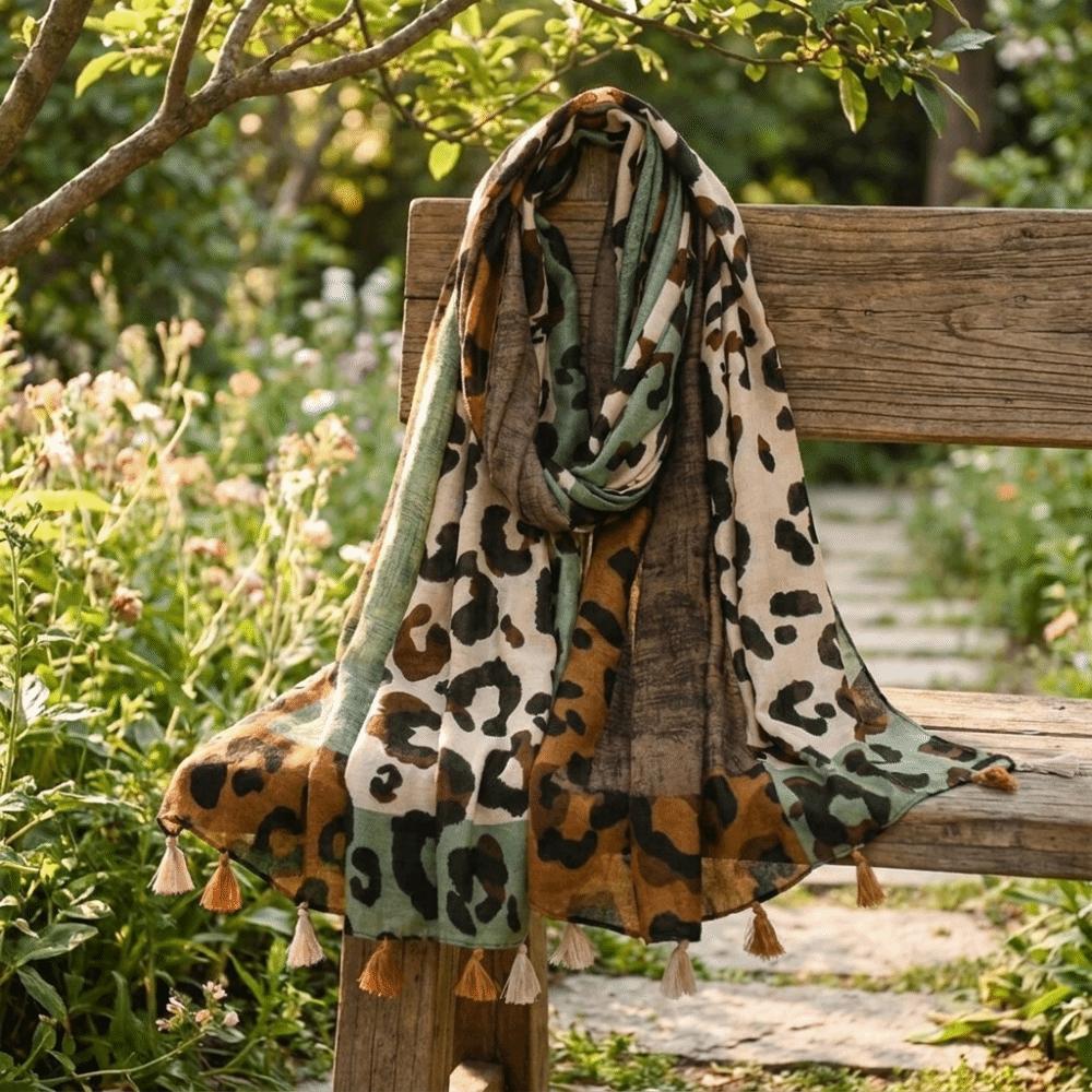 Color Block Leopard Print Scarf Tassel Neck Scarf Retro Shawl Women