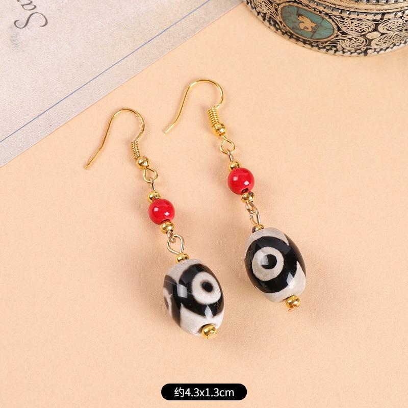 Original design Tibetan nine-eye dzi bead agate earrings retro literary tiger tooth earrings Chinese earrings women