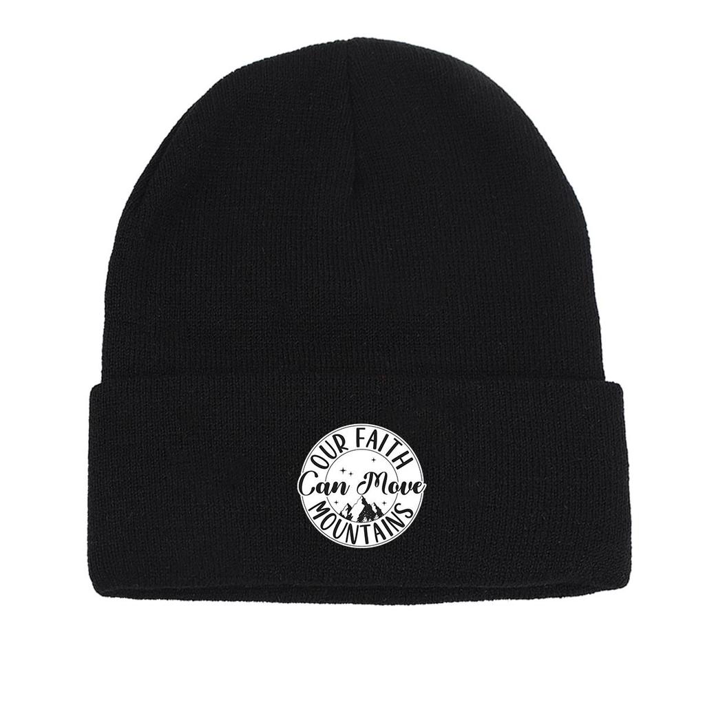 FAITH MOVE MOUNTAINS" Print Knitted Hat Beanie, Text Skullies Beanies Fit Thermal Headwear Pompom Beanies Knit Cap Beanie