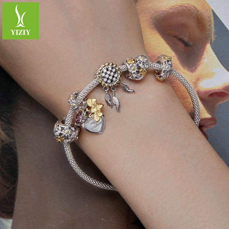 Gold Plated Daisy Bee Diy Bracelet Beaded, Flower Button Head S925 Sterling Silver Pendant Accessories