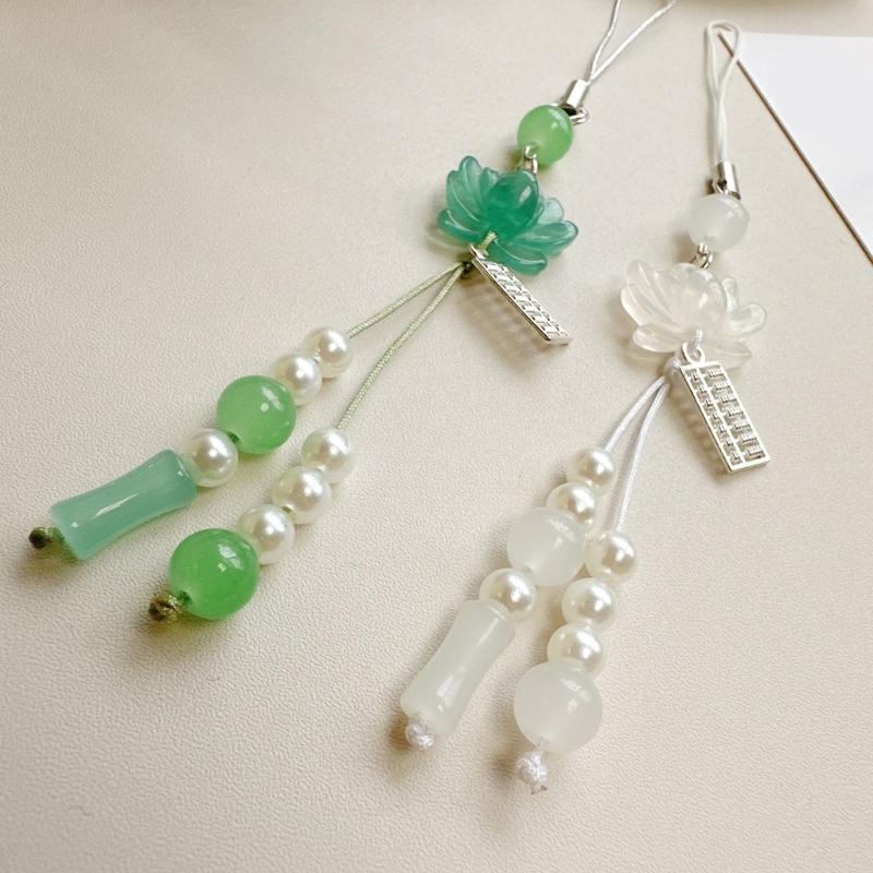 Lotuses Flower Phone Charm Ancient Style Keychain Pendant with Acrylic Beads Handmade Beaded Cellphone Lanyard