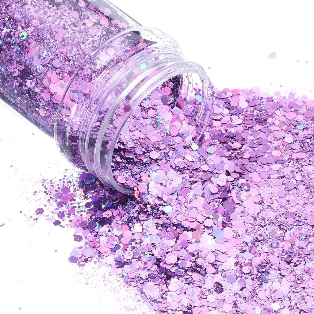Uxcell Holographic Chunky Glitter 3.5g100g Purple Holographic Glitter Powder Mixed Chunky & Fine Flakes Sparkling Sequins for Nails, Hair, and Epoxy