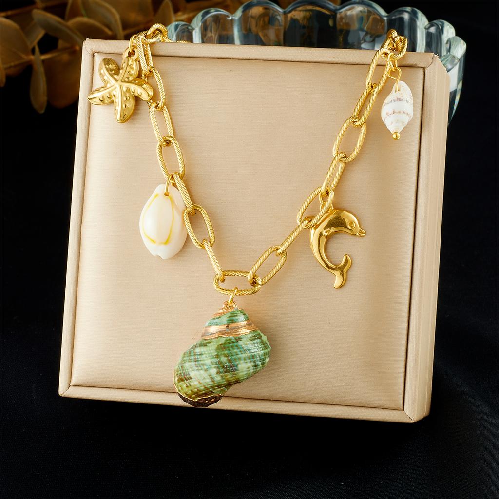 316L Stainless Steel Exquisite Green Conch Starfish Dolphin Shell Pendant Necklace Women Leisure Vacation Neck Chain
