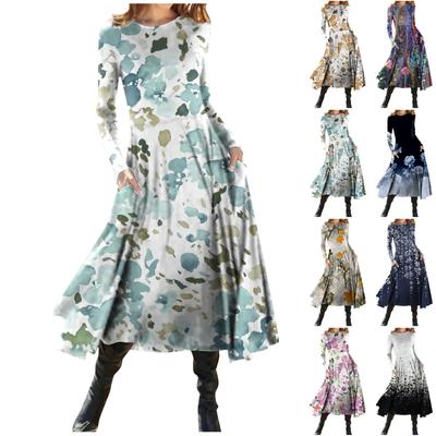 Vestido ajustado de manga larga con cuello redondo y estampado informal a la moda para mujer