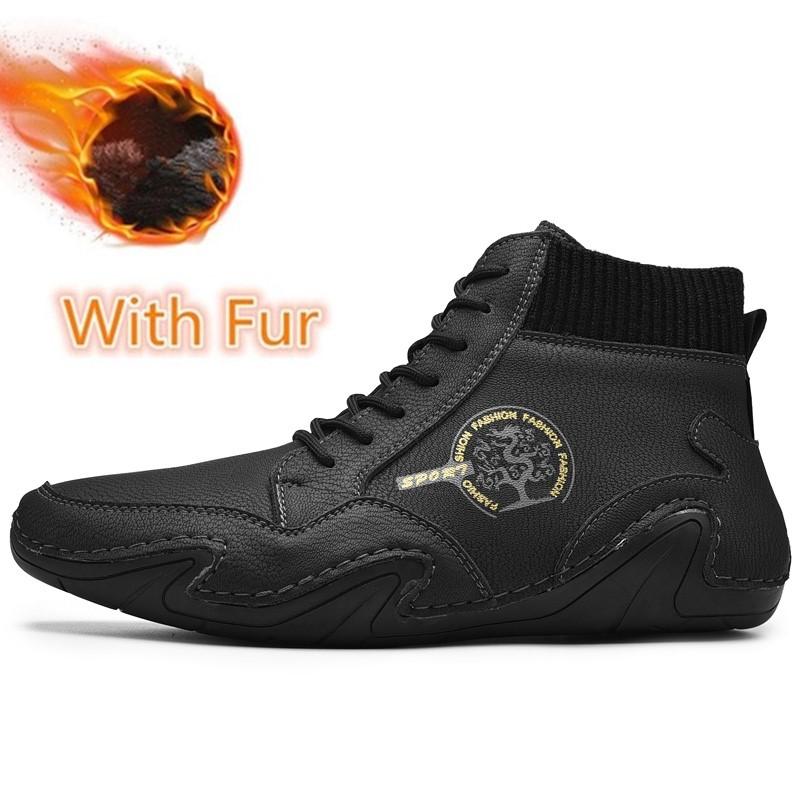 Hochwertige Herren Leder Stiefeletten Herbst Winter Plüsch Schneestiefel Lässige Flache Herrenstiefel Schnürschuhe Outdoor Warm Übergröße Schuhe