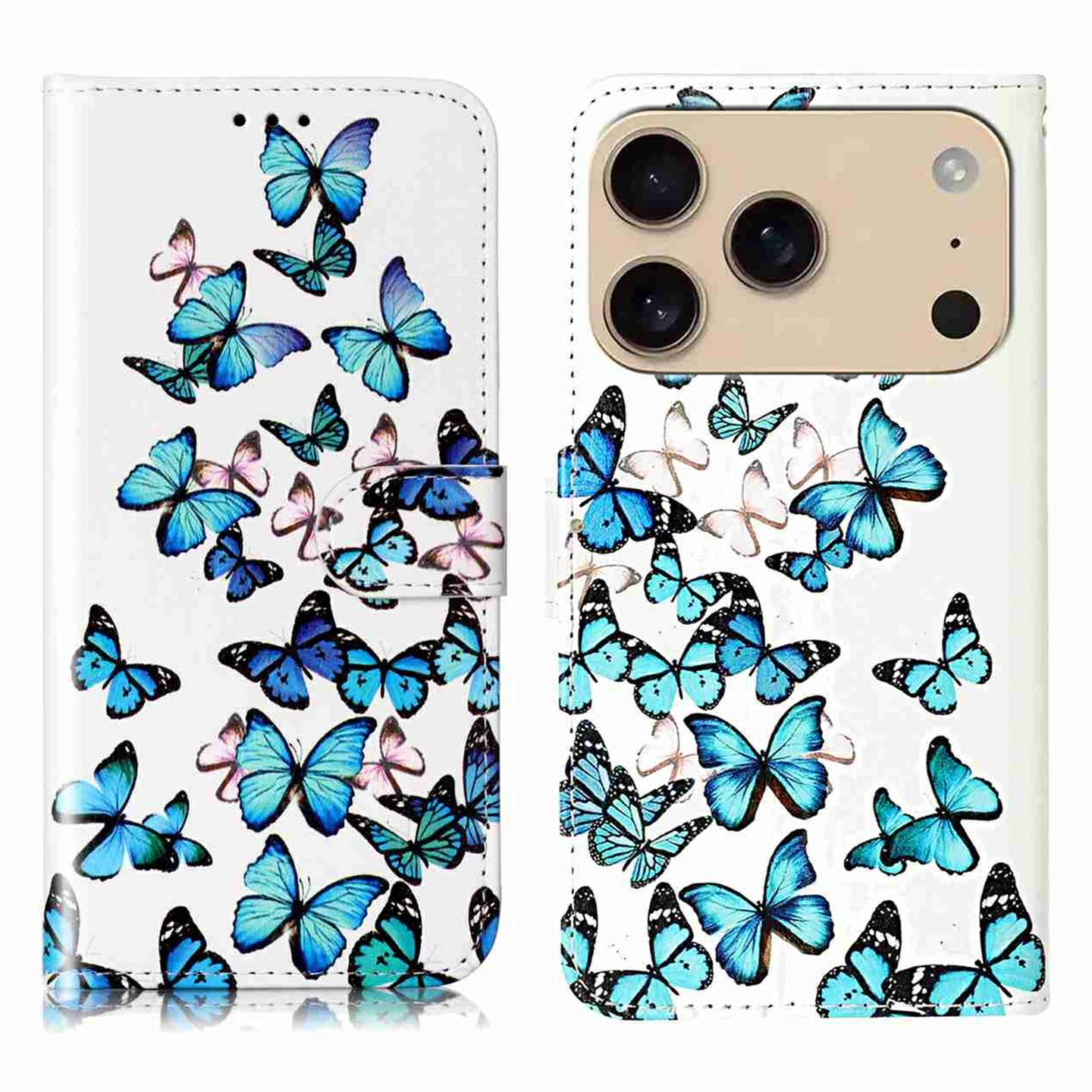 

For iPhone 17 Pro Stand Case Marble Painted Folio Flip Leather Wallet Phone Cover Blue Butterfly
