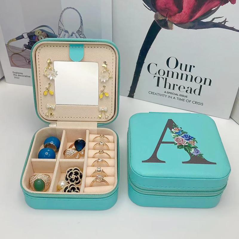 PU Leather Jewelry Box Mirror Storage Box 26 Letter Printed Portable Jewelry Organizer Earring Ring Necklace Case