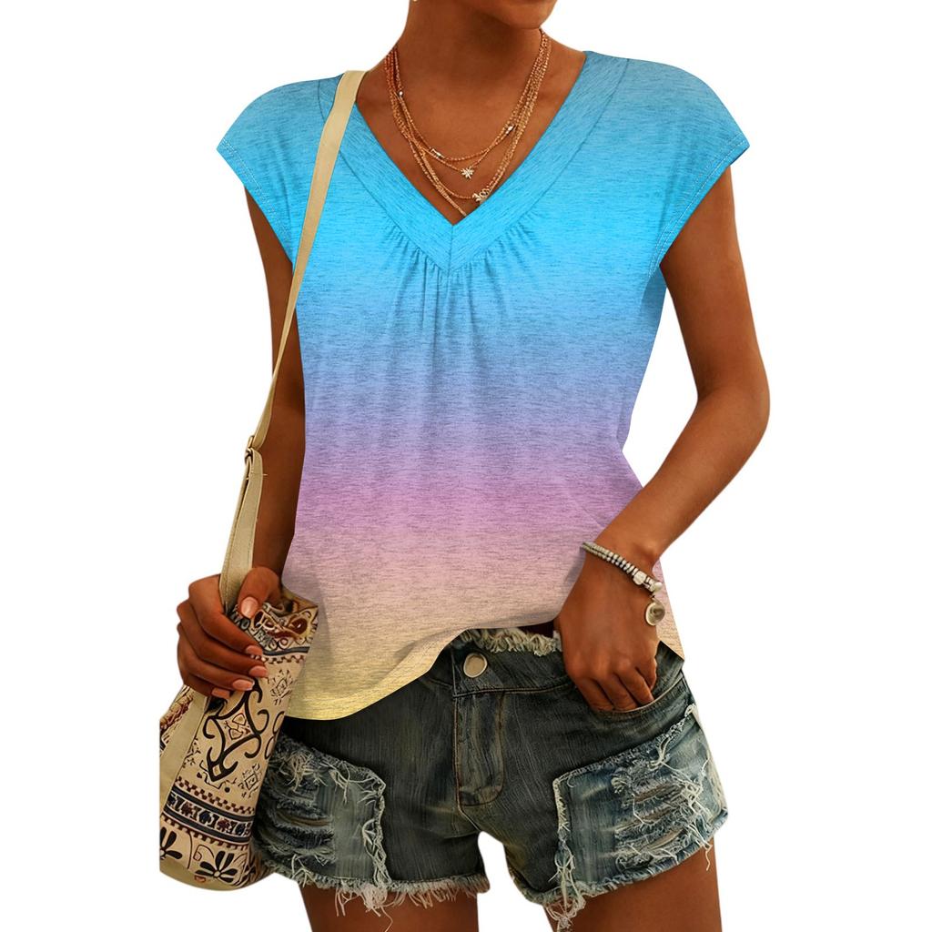 Women's Fashion V-neck Gradient Print Short Sleeve Top