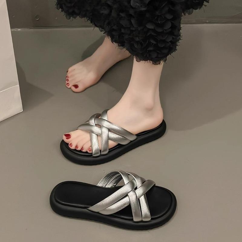 

Fashion Platform Flip-flops Women s New Summer Wear Fashion Round Toe Open Toe Cross Strap Heightened Sandals and Slippers 40 серебряный