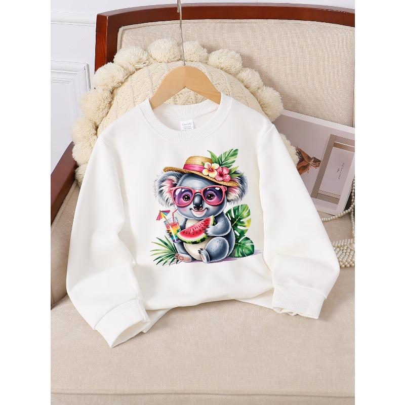 Girls' Crewneck Sweatshirt Koala with Hat And Fashion Glasses Holding Machine Washable, Spring And Autumn, Sportswear And Casual Wear