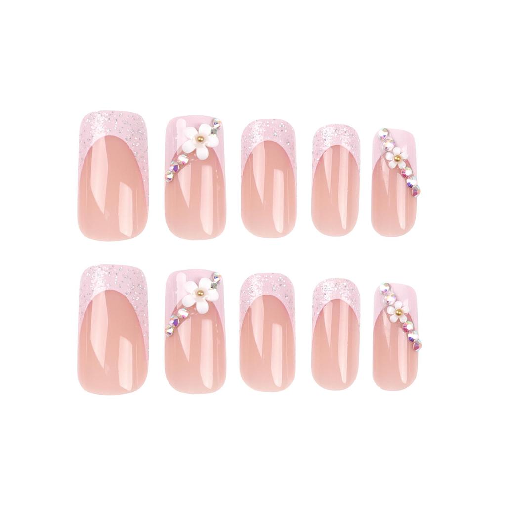 French Square Flower Rhinestone Nail Art Tips