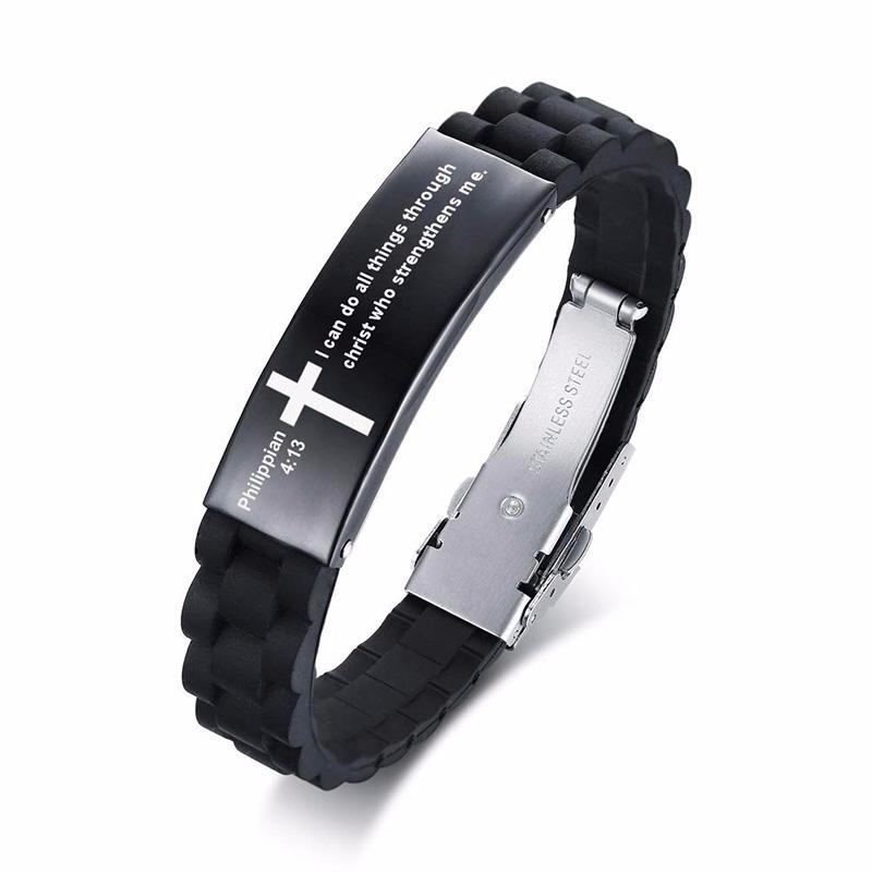 Vnox Religious Cross Jesus Scripture Quote Christian Bible Verse Inspiring Faith Silicone Bracelets for Men Personalize