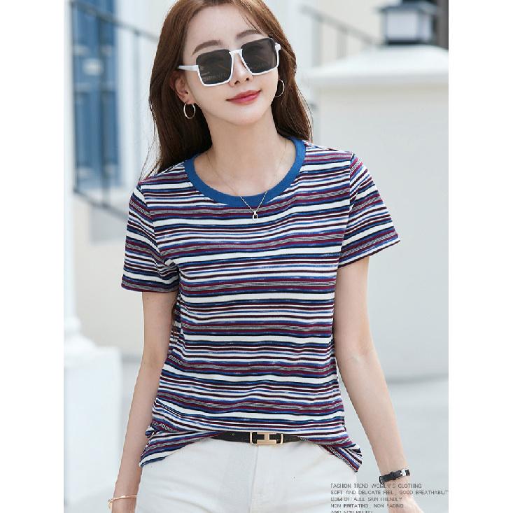 Women's Summer Casual Loose Shirt Solid Pattern Striped Short Sleeve Pullover with Round Neck Versatile Y2K Style Tops
