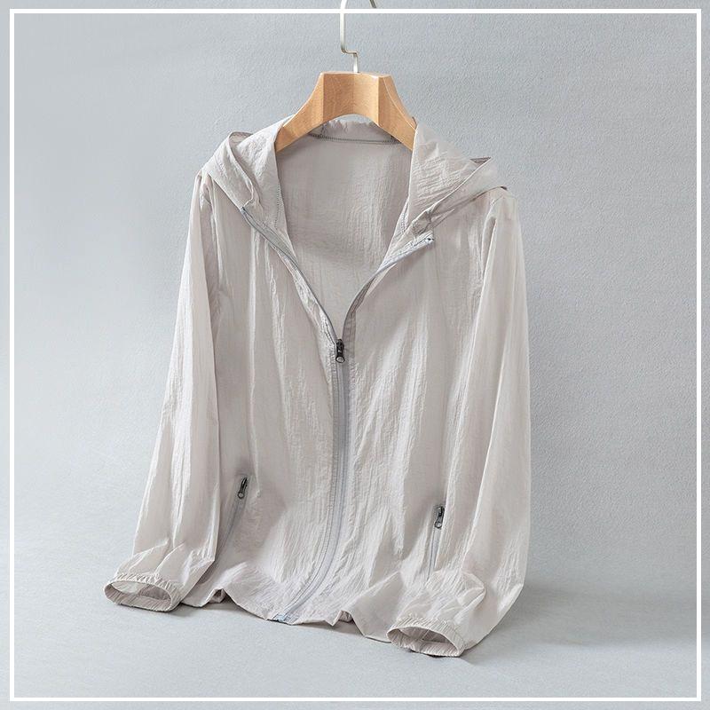 New Summer Thin Breathable Ice Silk Sunscreen Clothing Simple Solid Color Casual Loose Hooded Long Sleeved Coat for Men