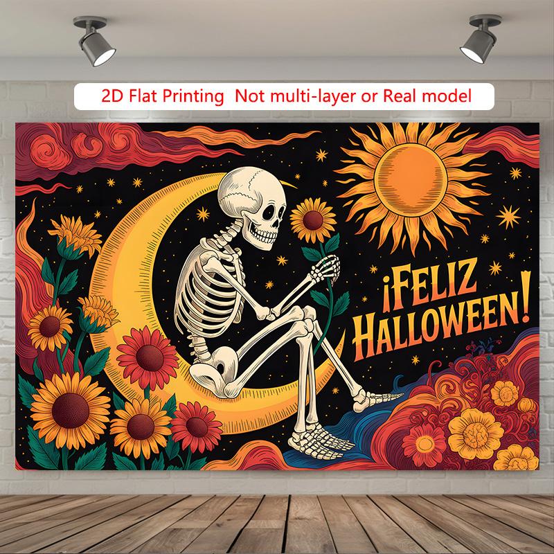 Party Backdrop Halloween Flat Spooky Skeleton Sunflowers Celebration Photo Booth Party Decor
