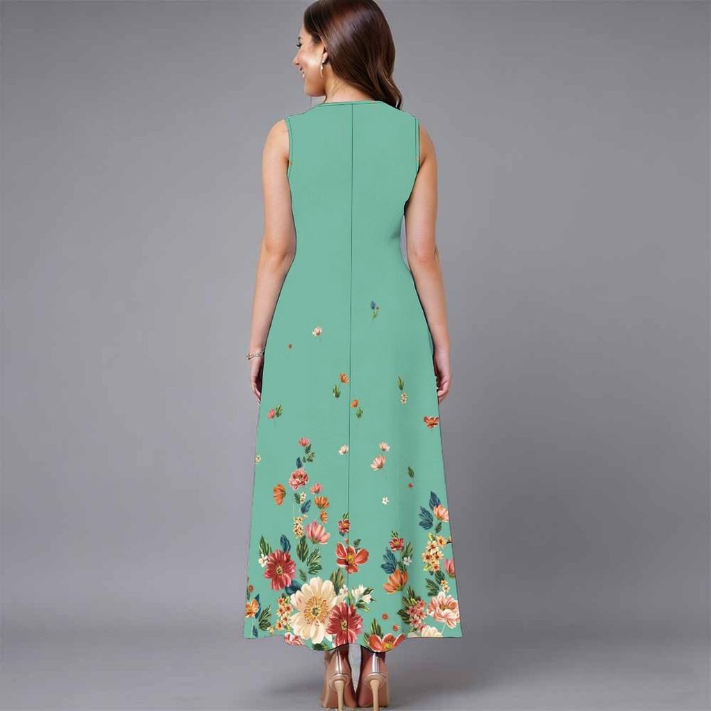 Women Plus Size Sleeveless Crew Neck Dress Exuberant Floral Pattern Loose Calf Length Dress