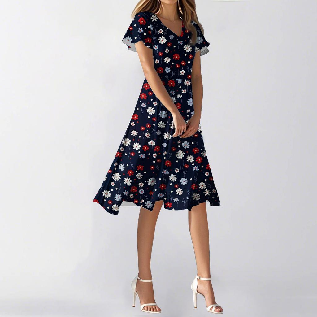 Damen Sommerkleid, lässig, modisch, Blumendruck, V-Ausschnitt, kurzärmelig, kurzer Rock