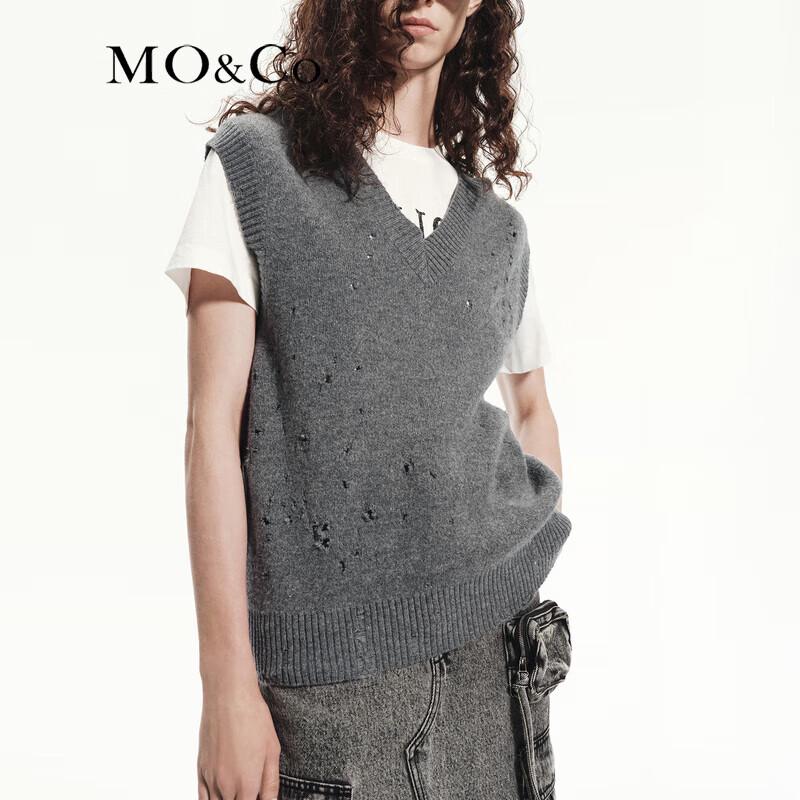 MO&Co. Wool Cashmere Distressed V-Neck Sweater