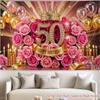 Sfondo fotografico 2D per il 50° compleanno, Striscione per festa a tema traguardo color oro rosa