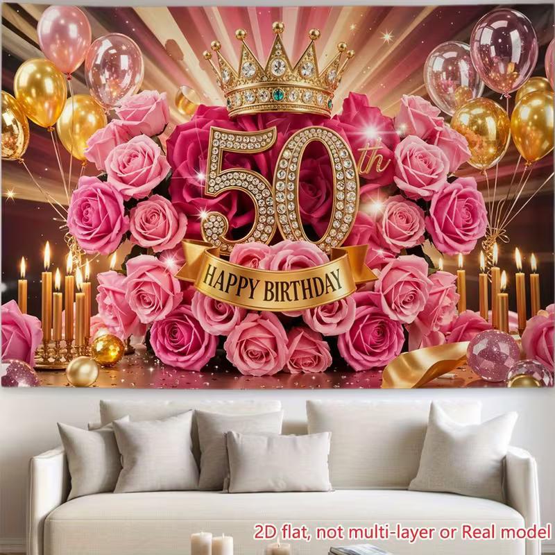 Sfondo fotografico 2D per il 50° compleanno, Striscione per festa a tema traguardo color oro rosa