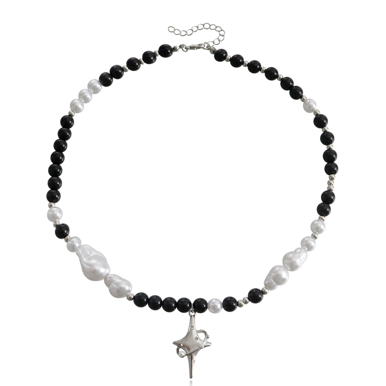 Vintage woven black and white beaded cross star pendant necklace, cold trendy necklace