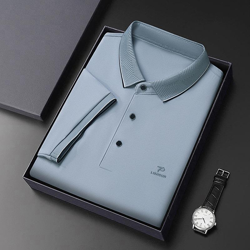 Short Sleeve Polo Men'S Short Sleeve Lapel Solid Color Loose T-Shirt Machine Washable Clothes Ice Silk High-End Clothing