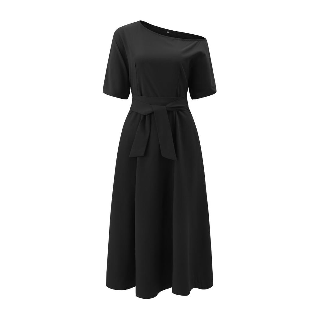 Elegant Women's Fashion Green Diagonal Neck Middle Sleeve Casual Dress Women's Casual Retro Long Dress