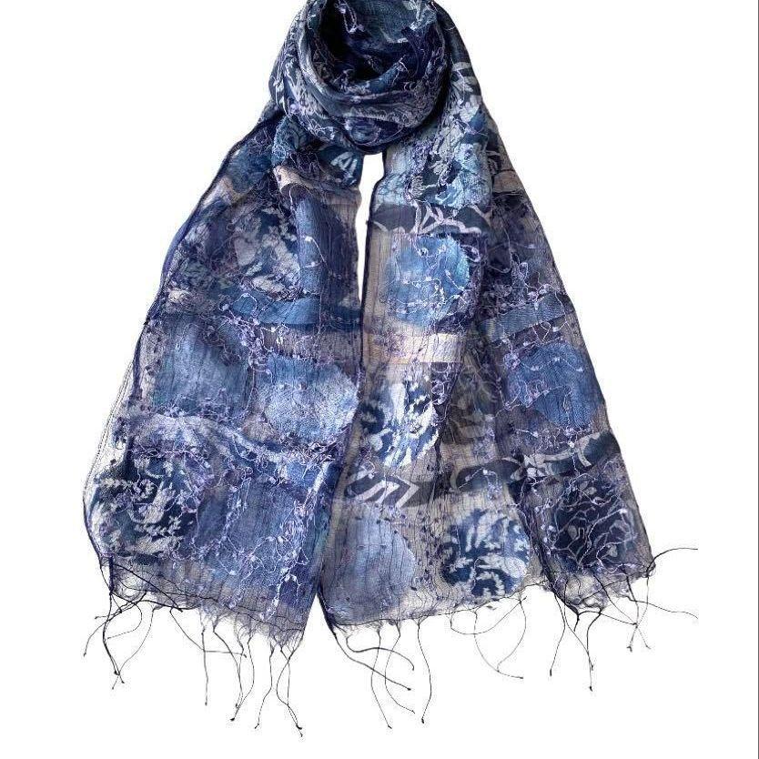 Used Indian silk stole, Ari embroidery, 1395, thin, spring/summer, 40x180, navy, Mother's Day gift