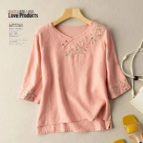 2024 Women's Retro Embroidered Cotton-Linen Three-Quarter Sleeve T-Shirt