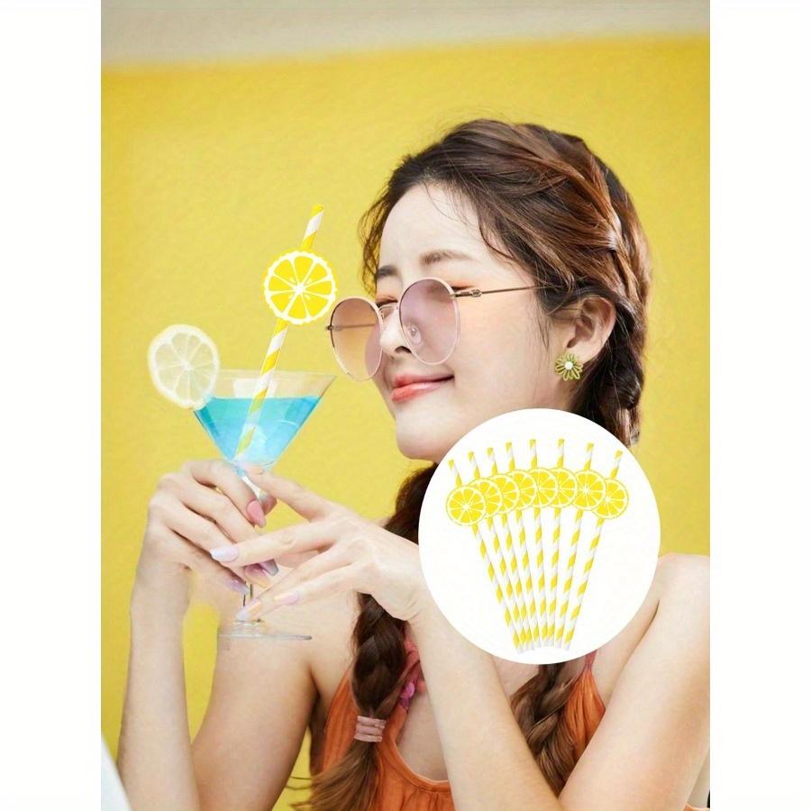 Lemon Paper Straws Disposable Cocktail Straws for Drinks Striped Straws, Individually Wrapped Plastic Straw with Lemon Shape