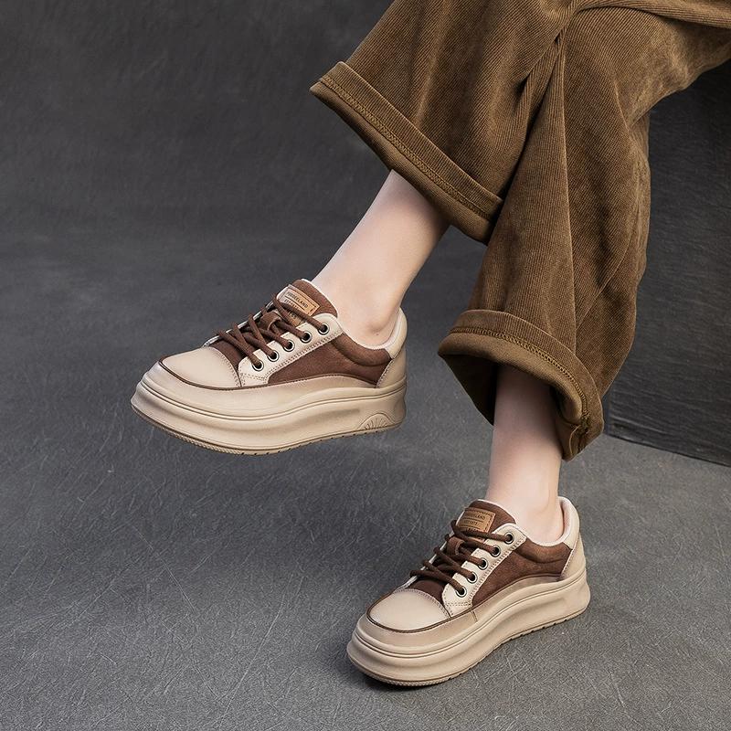 Fashion GKTINOO Sneakers Women Genuine Cow Leather Flats Thick Soled Lace-Up Spring Autumn Lady Casual Flat Shoes Handmade Women Shoes