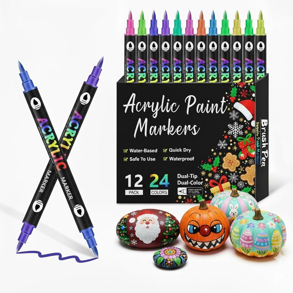 48 Colors Acrylic Paint Markers,Dual Tip Dual Color Drawing Marker Pen for for Adult Art,Rock Painting,Ceramic,Wood,Plastic,Calligraphy