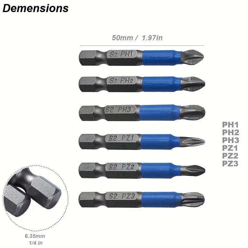6Pcs Screwdriver Bit Set Anti Non Slip Magnetic Batch Head Cross Hand Drill Bit Screwdriver Attachment PH1/PH2/PH3/PZ1/PZ2/PZ3
