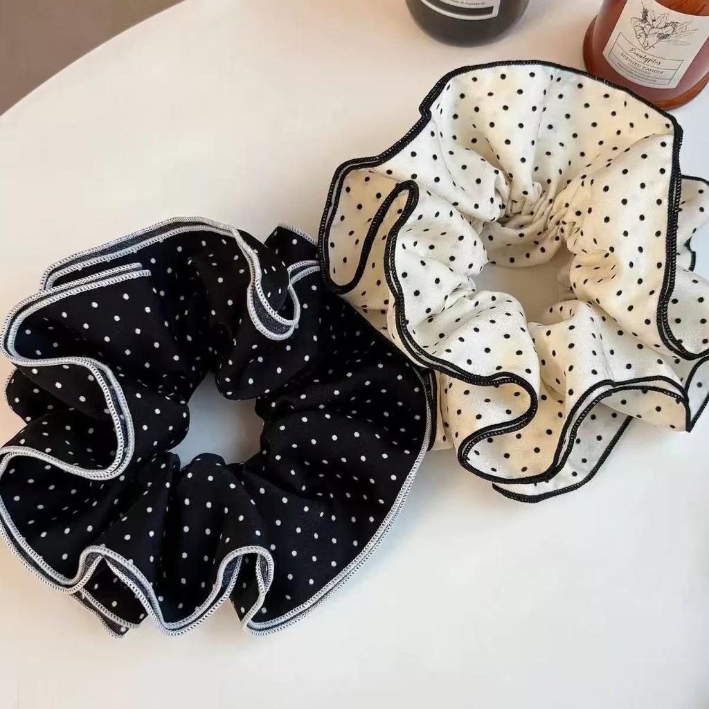 1pc Black and White Polka Dots Four-layer Pleated Large Intestine Hair Ring,simple and Elegant Head Flower Tied Ponytail and Bun